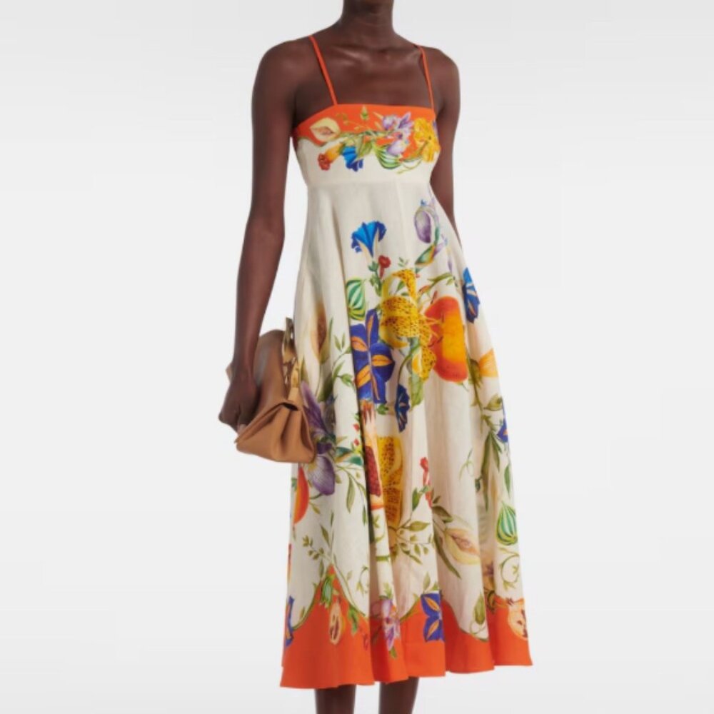 Alemais Erames floral pattern square-necked linen halter dress